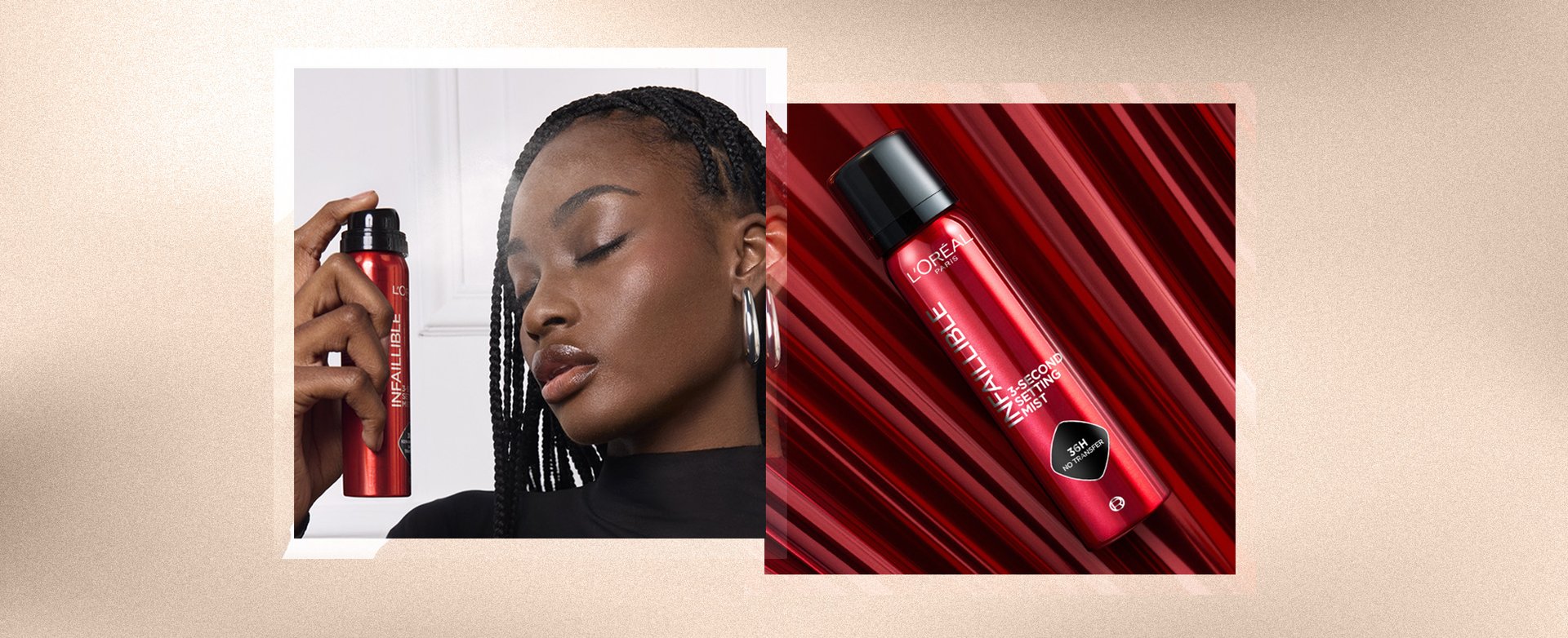 Woman applying setting spray to face