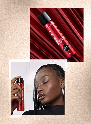 Woman applying setting spray to face